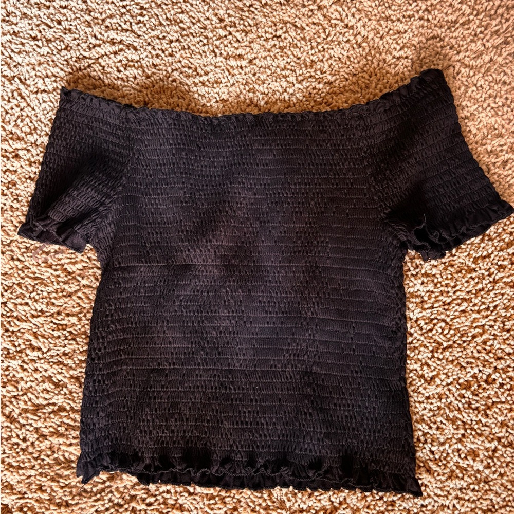 Smocked Off-Shoulder Crop Top in Black